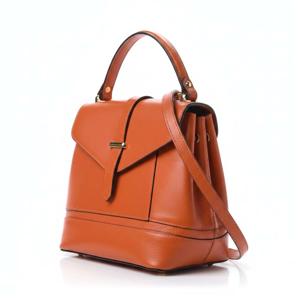 Divina Firenze Italy Genuine Leather Cognac Satchel Flap Top Handle Crossbody 9"
